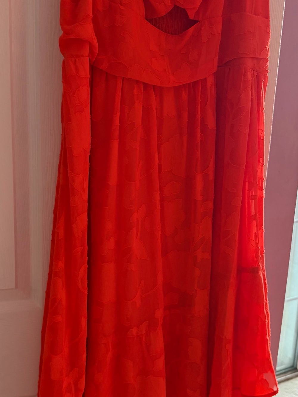 Textured Red Maxi Dress with Subtle Floral Jacquard